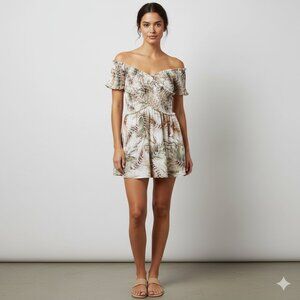 ENTRO (NWT) Baby Doll Shirred Off/On Shoulder Sleeveless Top, Green Leaf - L